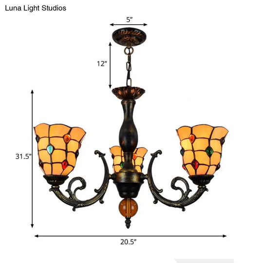 Rustic Stained Glass Chandelier Light - 3-Head Bell Pendant With Jewel Pattern In Yellow