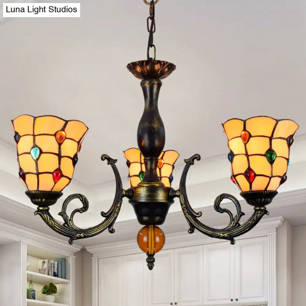 Rustic Stained Glass Chandelier Light - 3-Head Bell Pendant With Jewel Pattern In Yellow