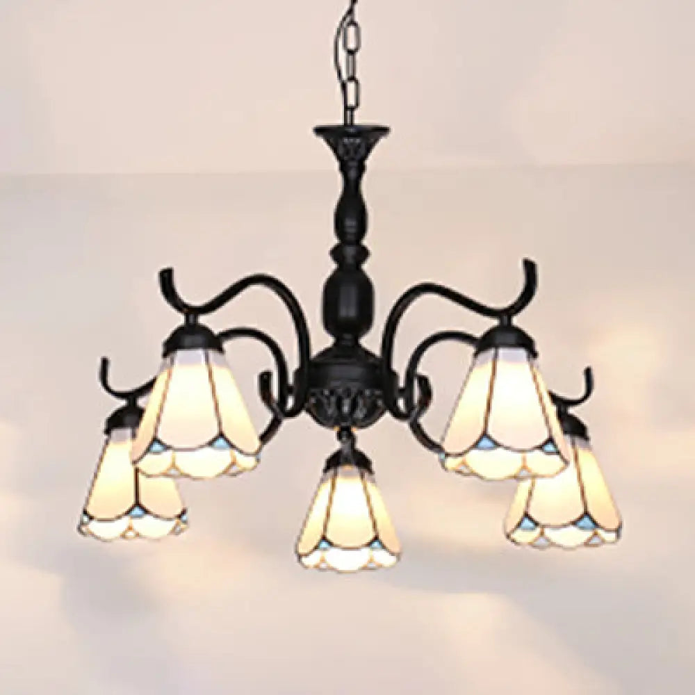 Rustic Stained Glass Chandelier With 5 Lights & Chain – Perfect For Living Room Ceiling White