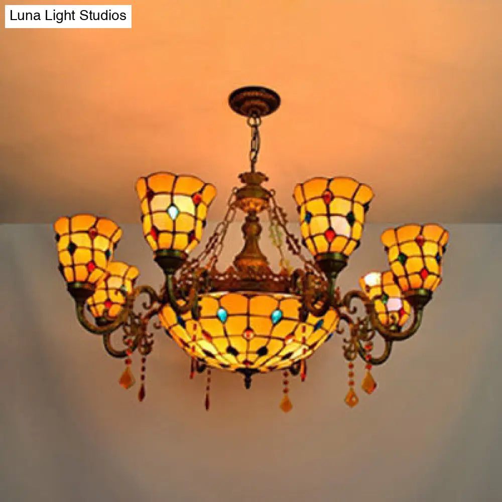 Rustic Stained Glass Chandelier With 8 Arms And Yellow Center Bowl For Villa