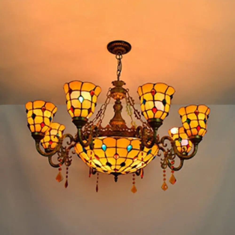 Rustic Stained Glass Chandelier With 8 Arms And Center Bowl Yellow For Villas