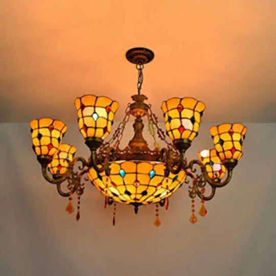 Rustic Stained Glass Chandelier With 8 Arms And Center Bowl Yellow For Villas