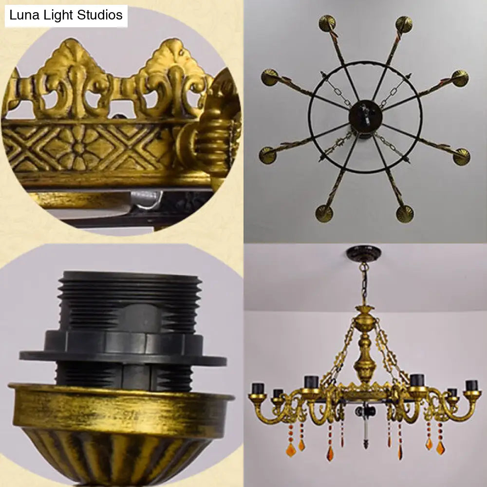 Rustic Stained Glass Chandelier With 8 Arms And Yellow Center Bowl For Villa