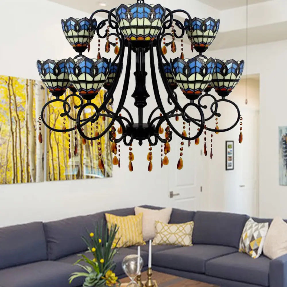 Rustic Stained Glass Chandelier With Crystal Accents – Bowl-Shaped Hanging Light Blue 11 Lights