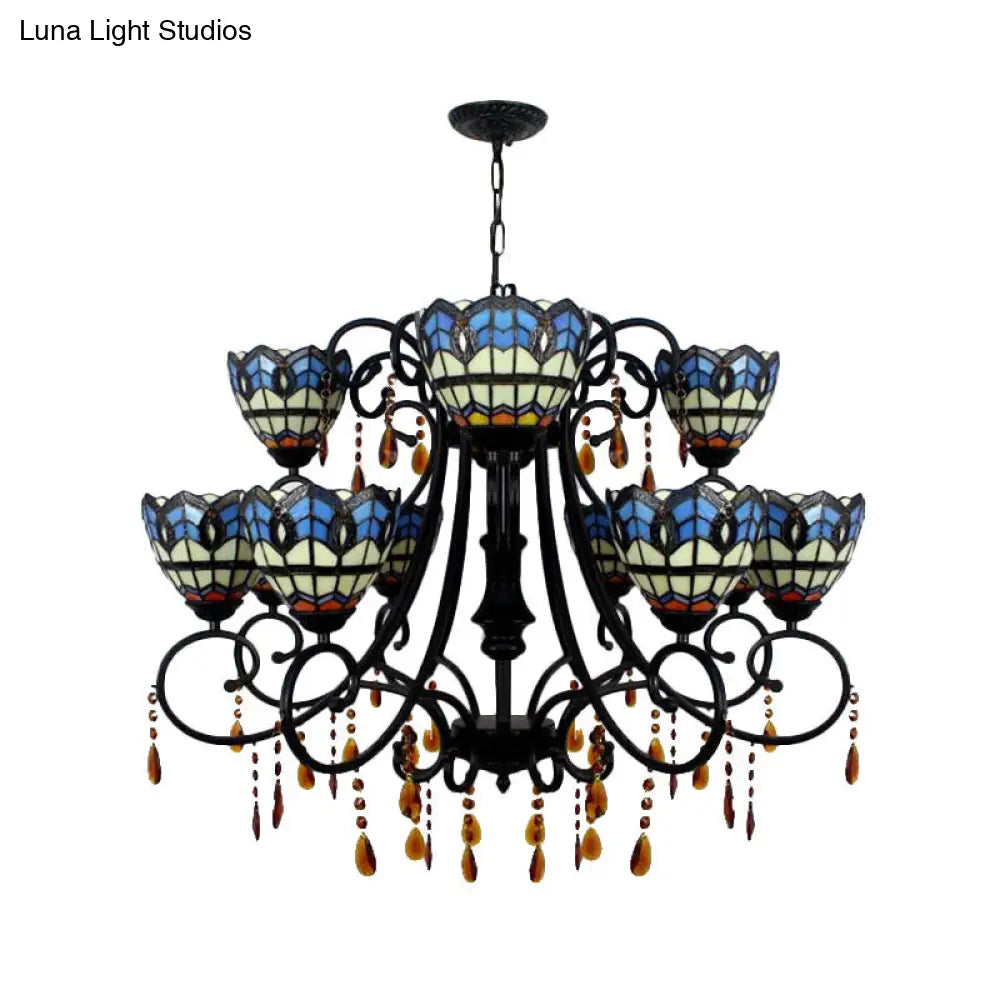 Rustic Stained Glass Chandelier - Bowl-Shaped Hanging Light With 11 Blue Crystal Lights For Dining