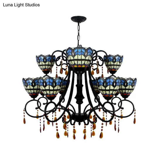 Rustic Stained Glass Chandelier - Bowl-Shaped Hanging Light With 11 Blue Crystal Lights For Dining