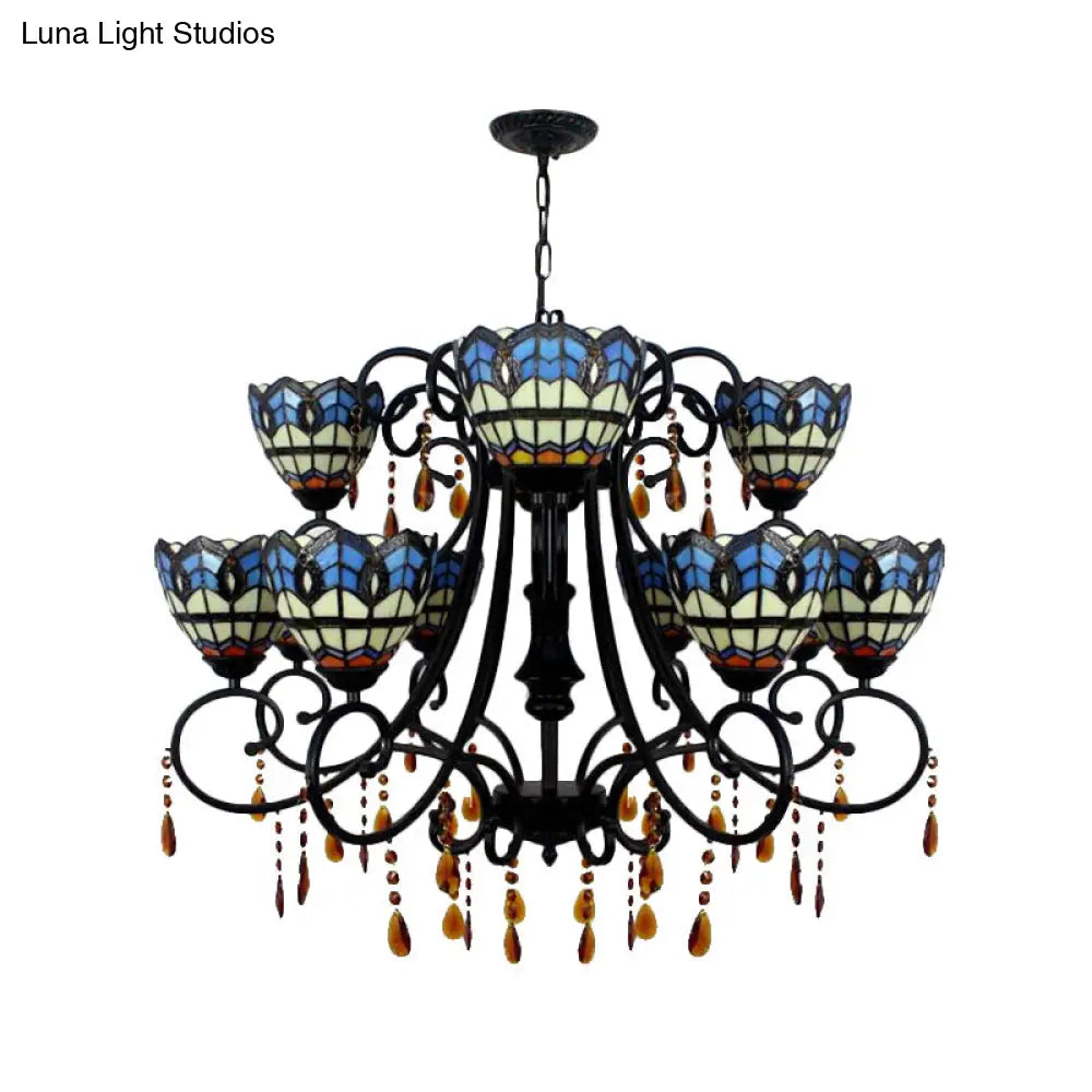 Rustic Stained Glass Chandelier With Crystal Accents – Bowl-Shaped Hanging Light Blue 11 Lights