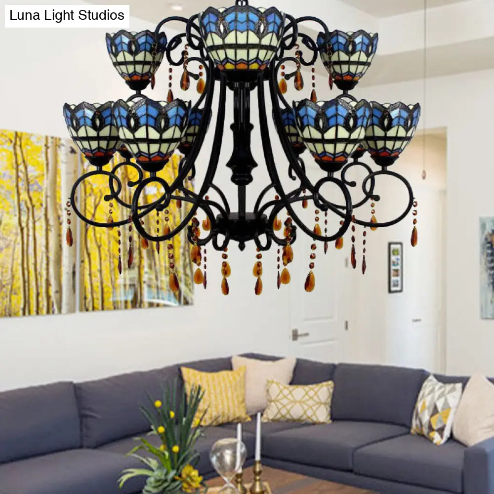 Rustic Stained Glass Chandelier - Bowl-Shaped Hanging Light With 11 Blue Crystal Lights For Dining