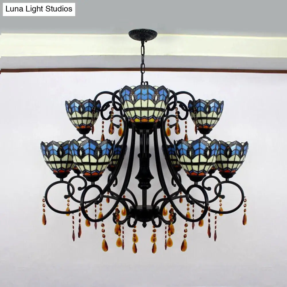 Rustic Stained Glass Chandelier - Bowl-Shaped Hanging Light With 11 Blue Crystal Lights For Dining