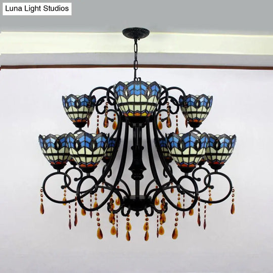 Rustic Stained Glass Chandelier - Bowl-Shaped Hanging Light With 11 Blue Crystal Lights For Dining