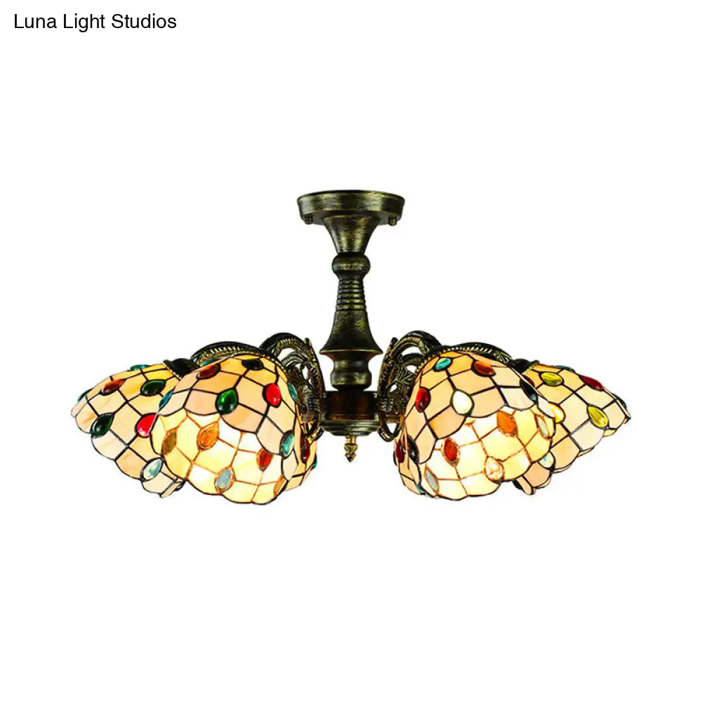 Rustic Stained Glass Chandelier With Multi-Light Suspension & Bronze Accents