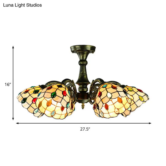 Rustic Stained Glass Chandelier With Multi-Light Suspension & Bronze Accents