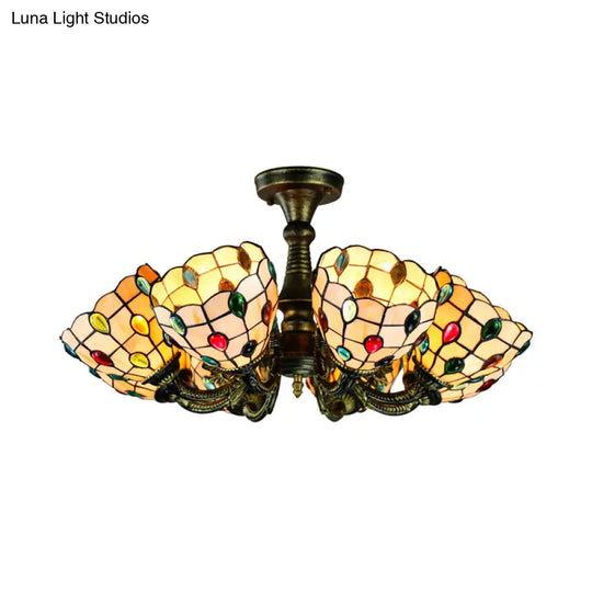 Rustic Stained Glass Chandelier With Multi-Light Suspension & Bronze Accents