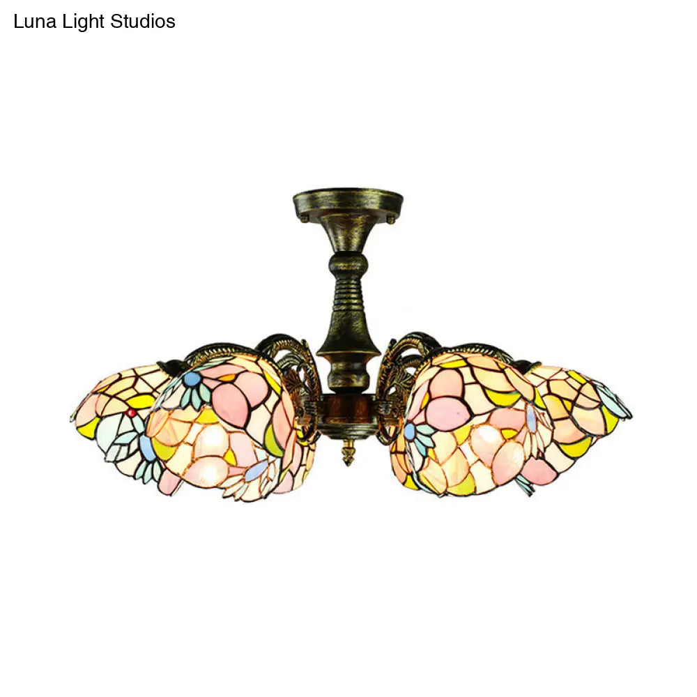 Vintage Rustic Stained Glass Chandelier With Multi Light Suspension - Bronze Finish