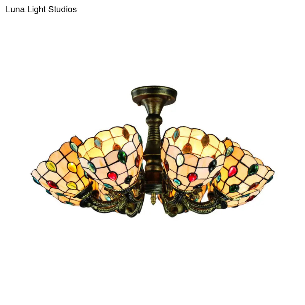 Vintage Rustic Stained Glass Chandelier With Multi Light Suspension - Bronze Finish