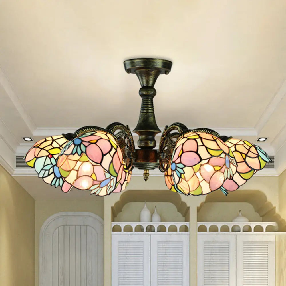 Rustic Stained Glass Chandelier With Multi-Light Suspension & Bronze Accents / Down Flower