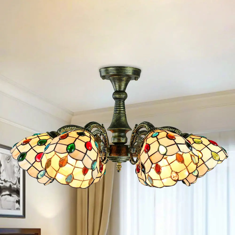 Rustic Stained Glass Chandelier With Multi-Light Suspension & Bronze Accents / Down Peacock Tail