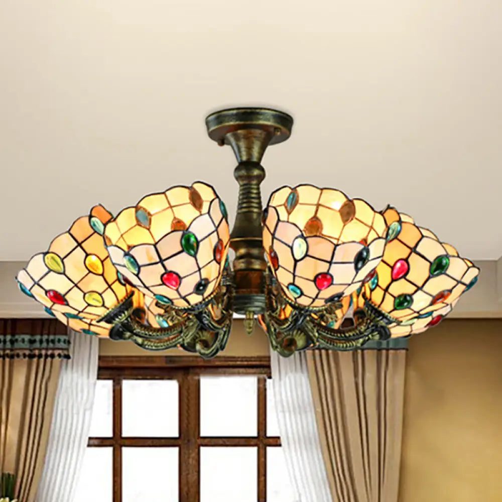 Rustic Stained Glass Chandelier With Multi-Light Suspension & Bronze Accents / Up Peacock Tail