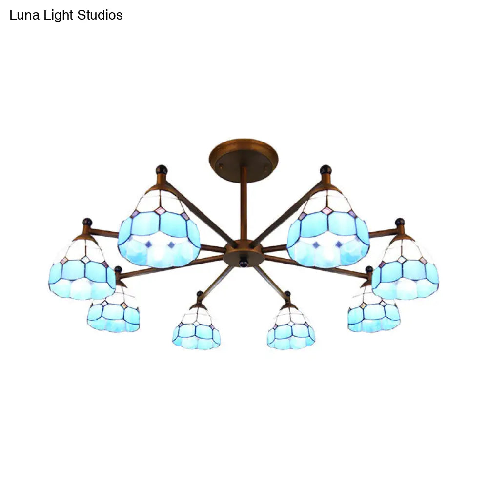 Rustic Stained Glass Dome Pendant Chandelier With 8 Lights For Bedroom Lighting - Red/Blue/Yellow