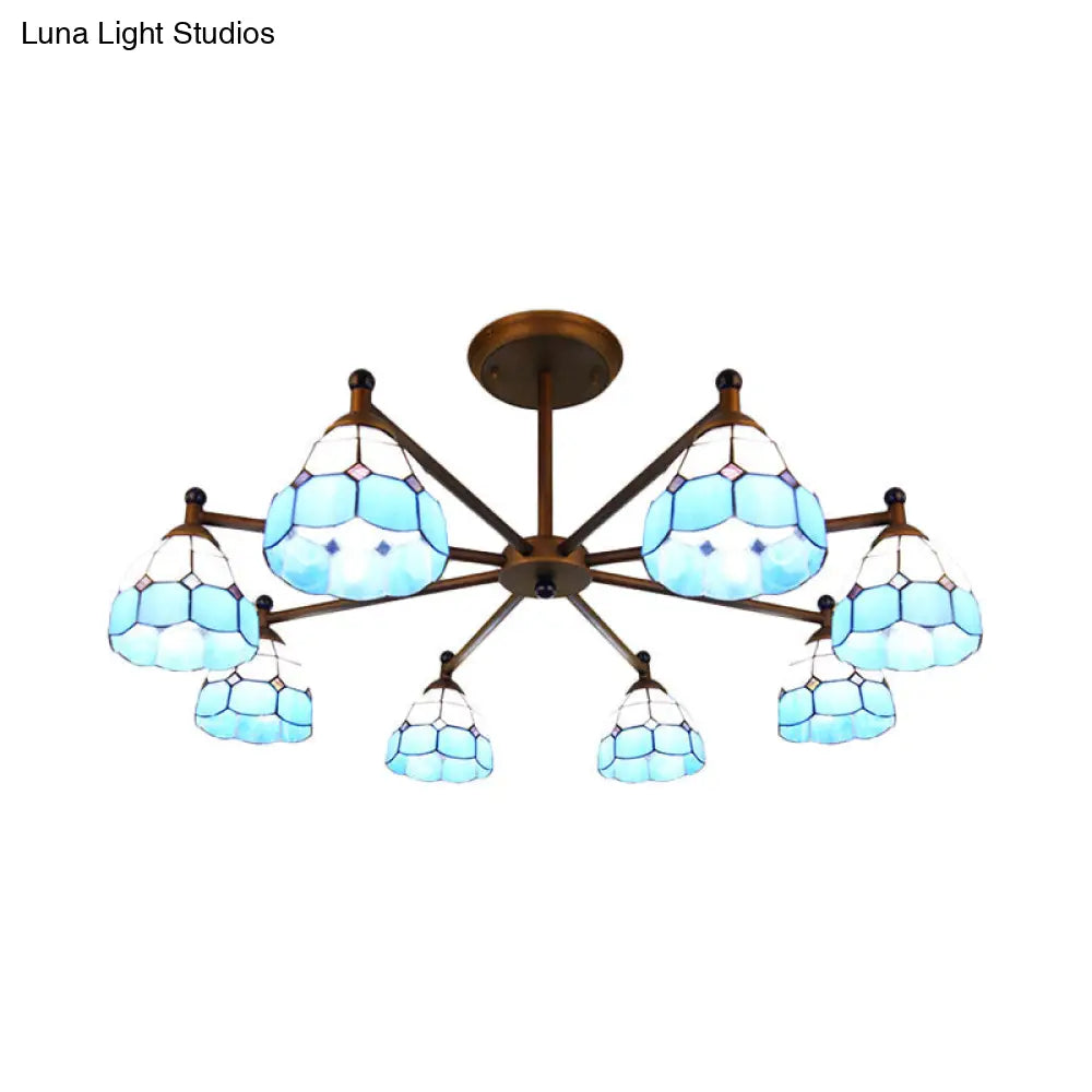 Rustic Stained Glass Dome Hanging Pendant Chandelier Light - 8 Lights Red/Blue/Yellow – Bedroom