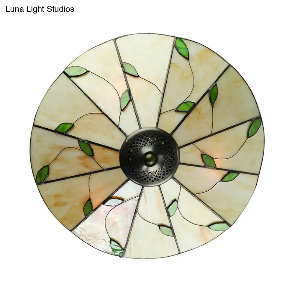 Rustic Stained Glass Flush Ceiling Light: Green Leaf Decoration 3 Lights - Foyer Lighting