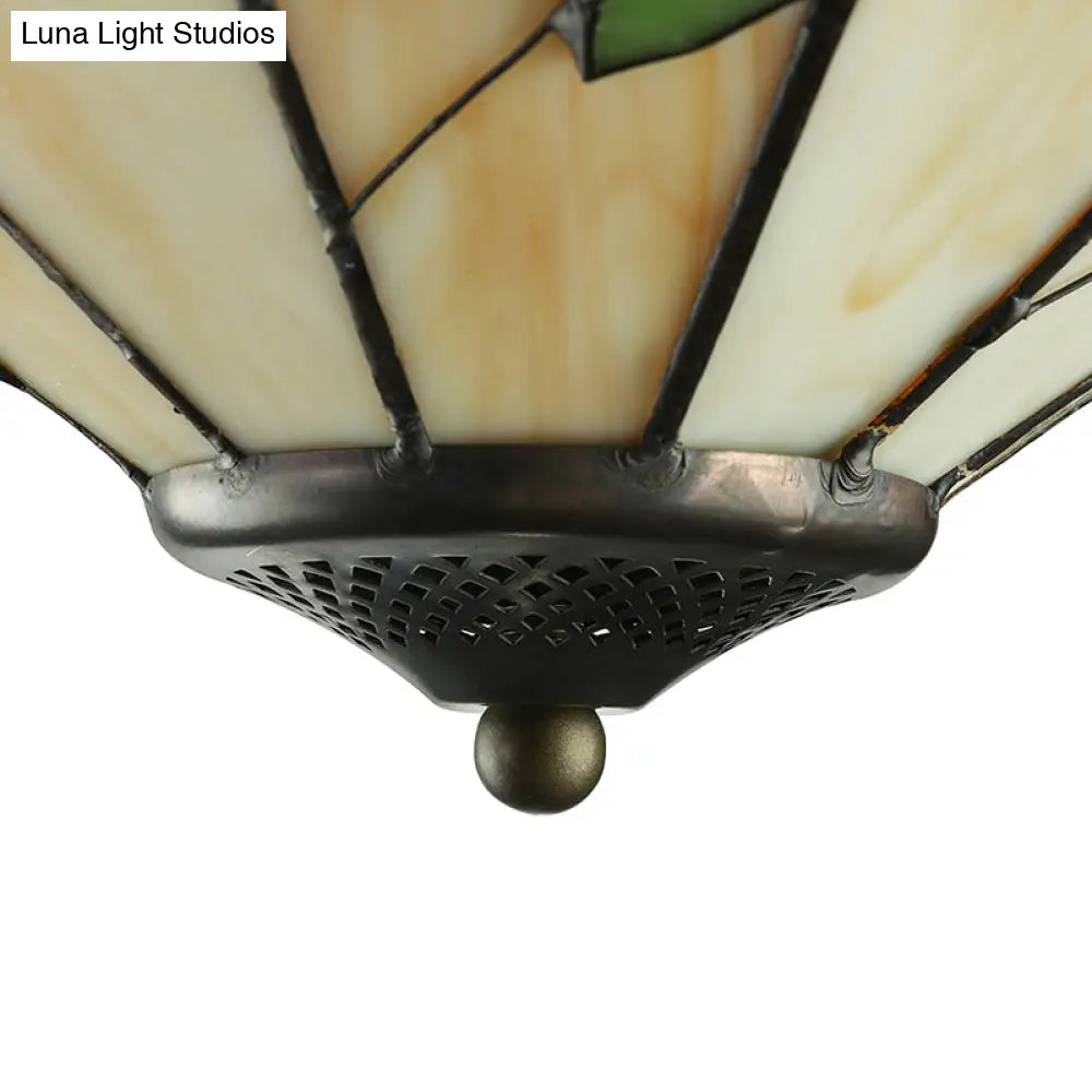 Rustic Stained Glass Flush Ceiling Light: Green Leaf Decoration 3 Lights - Foyer Lighting