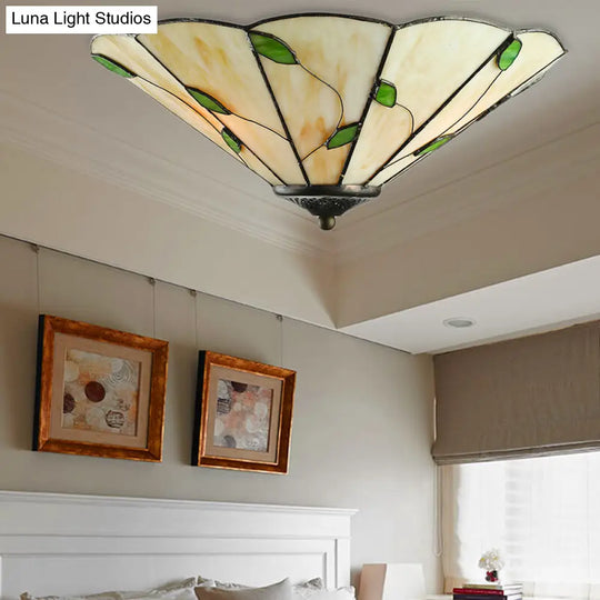 Rustic Stained Glass Flush Ceiling Light: Green Leaf Decoration 3 Lights - Foyer Lighting White