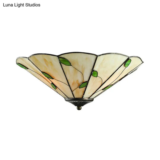 Rustic Stained Glass Flush Ceiling Light: Green Leaf Decoration 3 Lights - Foyer Lighting