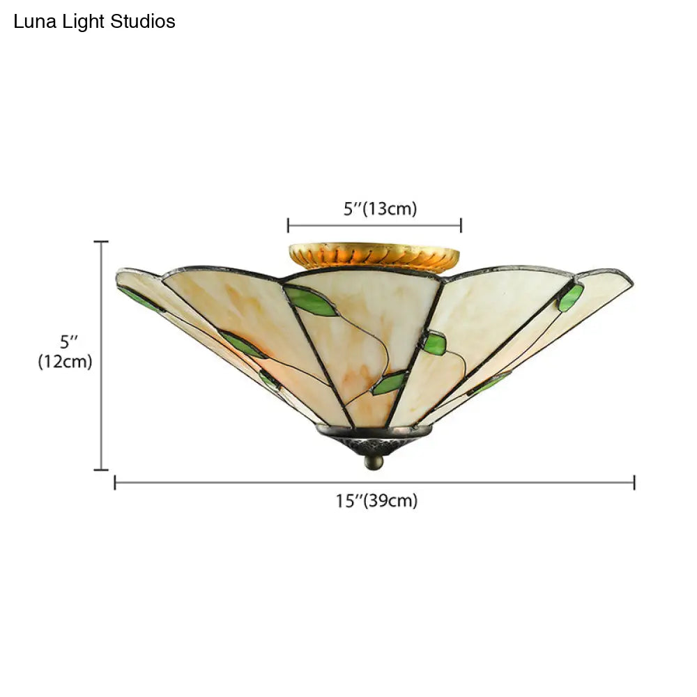 Rustic Stained Glass Flush Ceiling Light: Green Leaf Decoration 3 Lights - Foyer Lighting