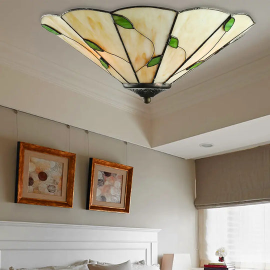 Rustic Stained Glass Flush Ceiling Light: Green Leaf Decoration 3 Lights - Foyer Lighting White