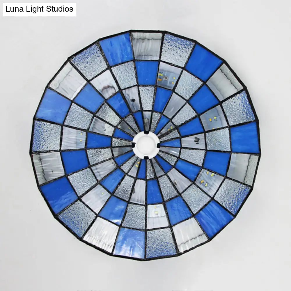 Rustic Stained Glass Flushmount Ceiling Light - Round 1-Light Fixture In Blue/White For Bedroom