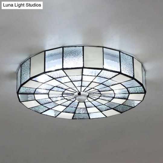 Rustic Stained Glass Flushmount Ceiling Light - Round 1-Light Fixture In Blue/White For Bedroom