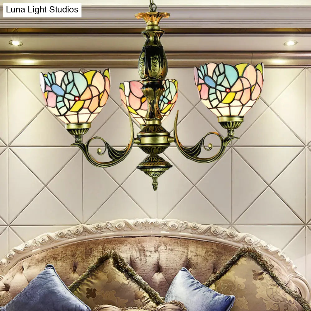 Rustic Stained Glass Pendant Lamp: Multicolor Chandelier With 3 Bowl-Shaped Lights Antique Bronze