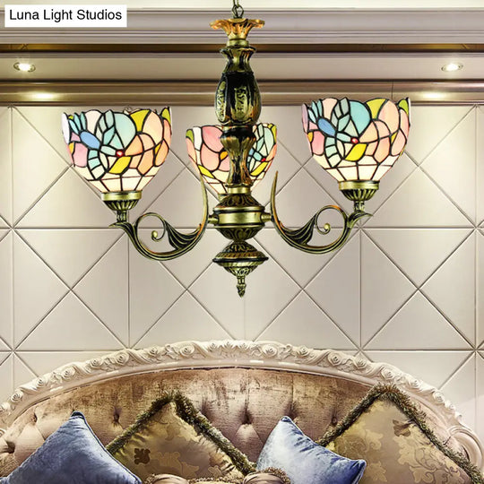 Rustic Stained Glass Pendant Lamp: Multicolor Chandelier With 3 Bowl-Shaped Lights Antique Bronze