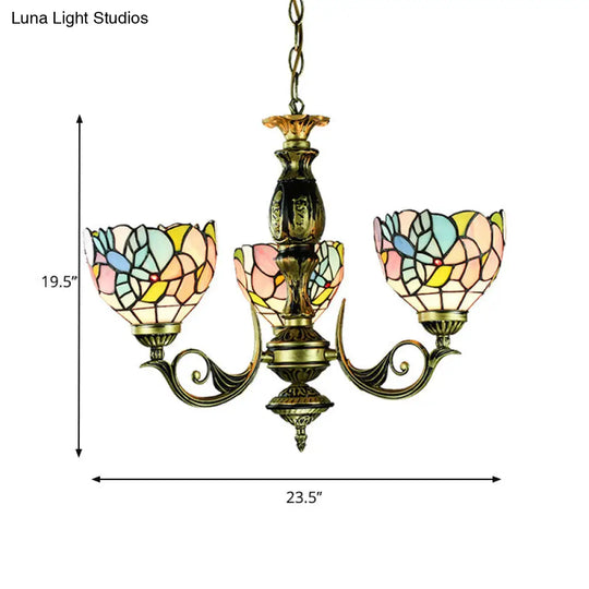 Rustic Stained Glass Pendant Chandelier With Multi-Color Bowl Shade And 3 Lights