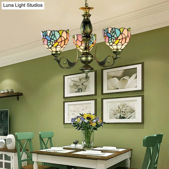 Rustic Stained Glass Pendant Lamp: Multicolor Chandelier With 3 Bowl-Shaped Lights