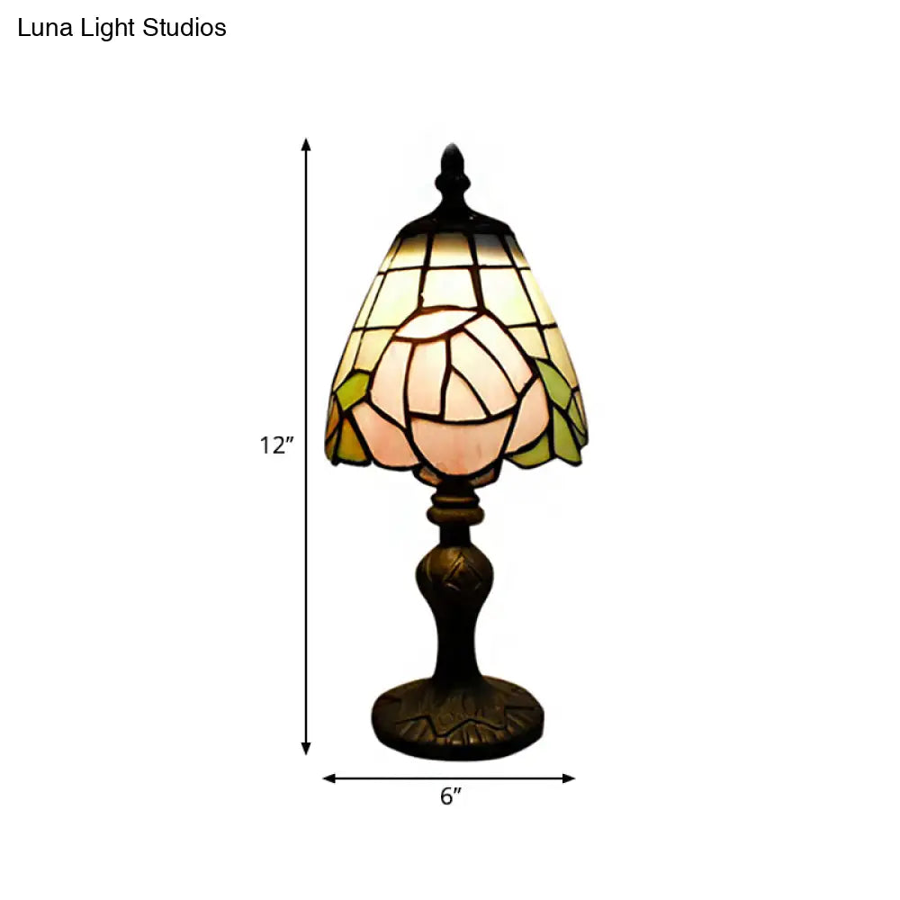 Rustic Stained Glass Rose Table Lamp - White & Pink Bedside Accent