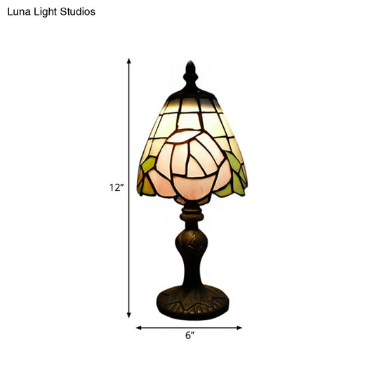 Rustic Stained Glass Rose Table Lamp - White & Pink Bedside Accent