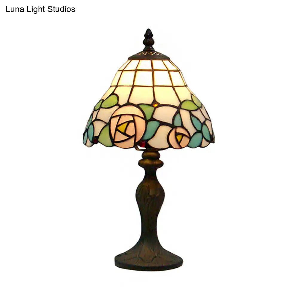 Rustic Stained Glass Rose Table Lamp - White & Pink Bedside Accent