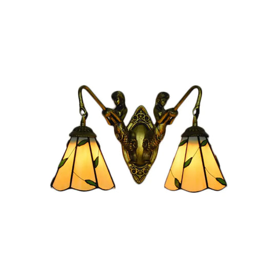 Rustic Stained Glass Sconce Lighting With Leaf Wall Mount - Perfect For Bedroom Light Yellow