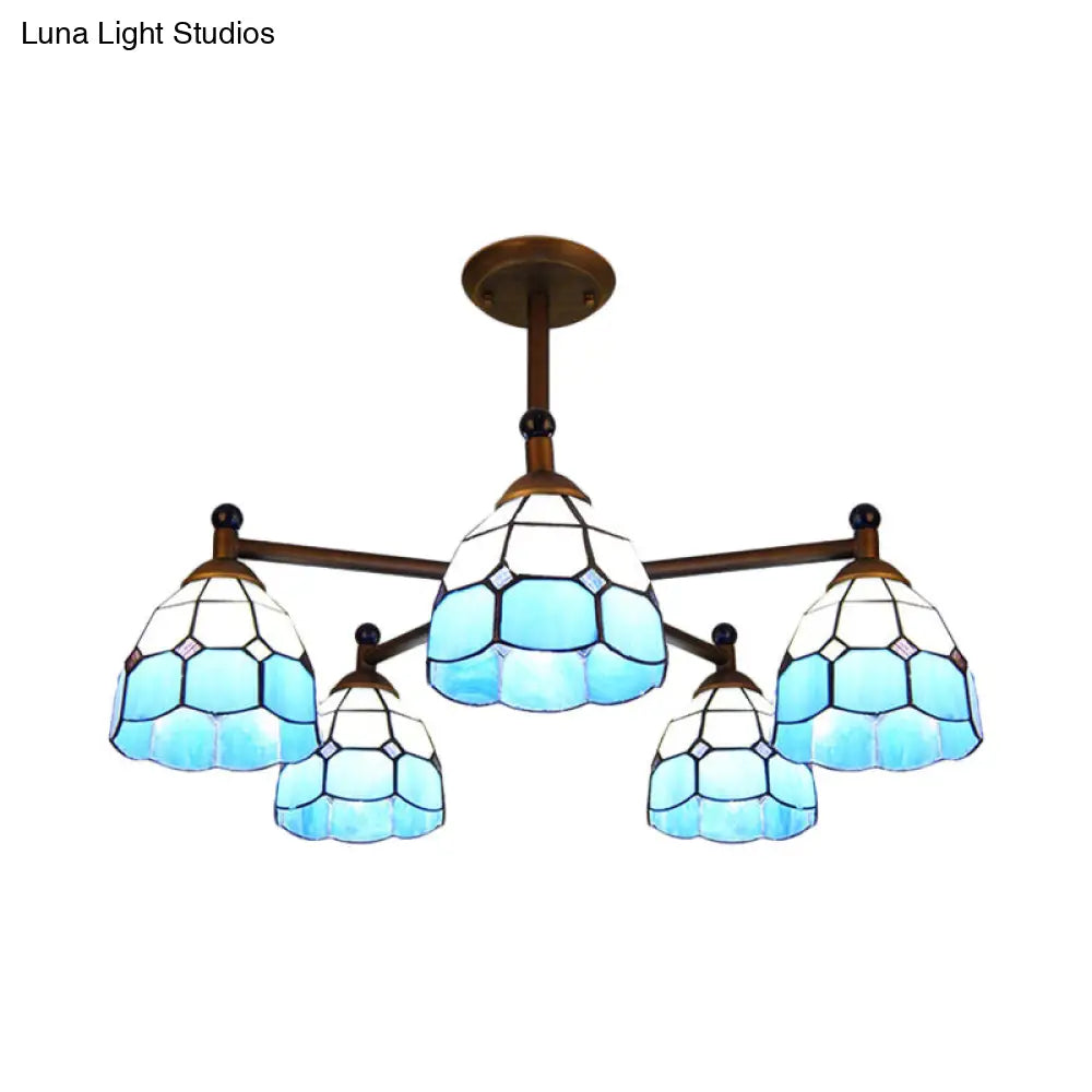 Rustic Stained Glass Bowl-Shaped Semi Flush Light Fixture - 5 Lights Blue/Red/Yellow Perfect For