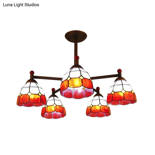 Rustic Stained Glass Semi-Flush Ceiling Light With 5 Blue/Red/Yellow Lights For Living Room