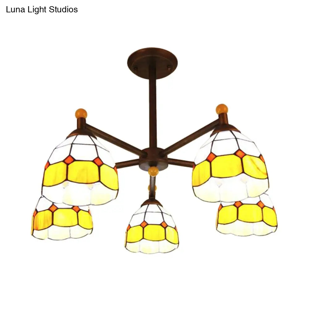 Rustic Stained Glass Bowl-Shaped Semi Flush Light Fixture - 5 Lights Blue/Red/Yellow Perfect For