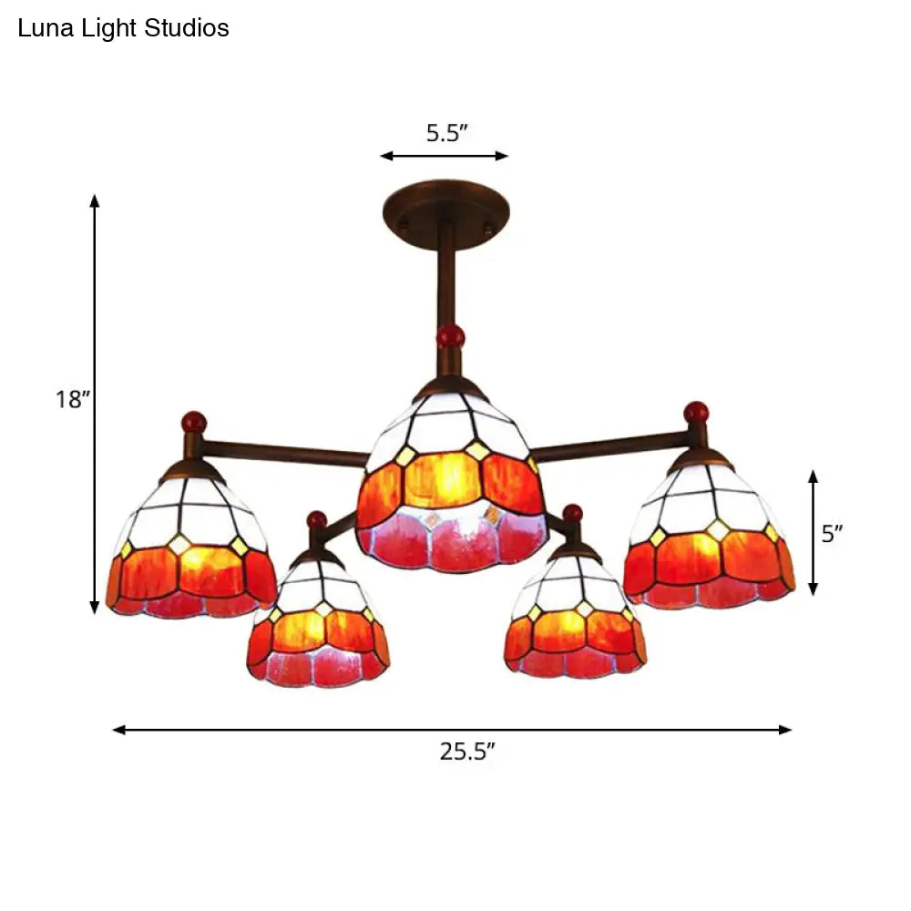 Rustic Stained Glass Bowl-Shaped Semi Flush Light Fixture - 5 Lights Blue/Red/Yellow Perfect For