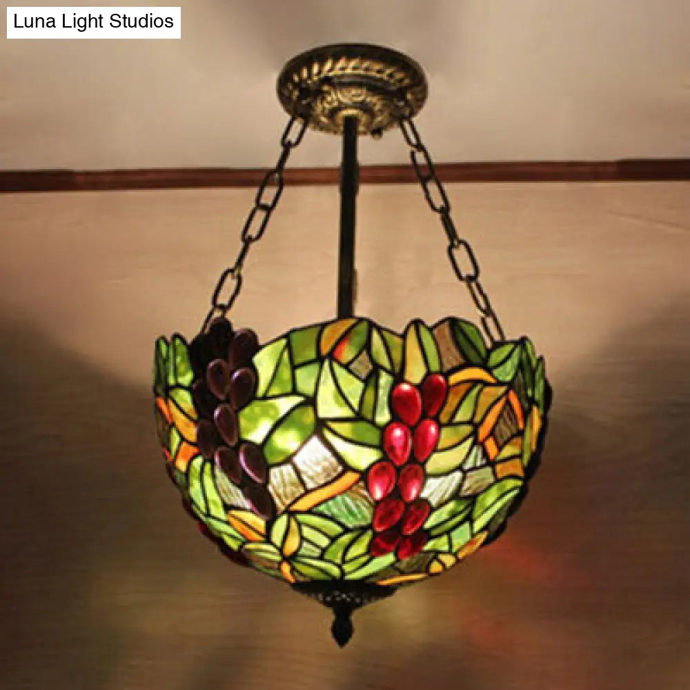 Rustic Stained Glass Semi Flush Light In Green - 3-Light Bowl Ceiling Lighting With Fruit Design