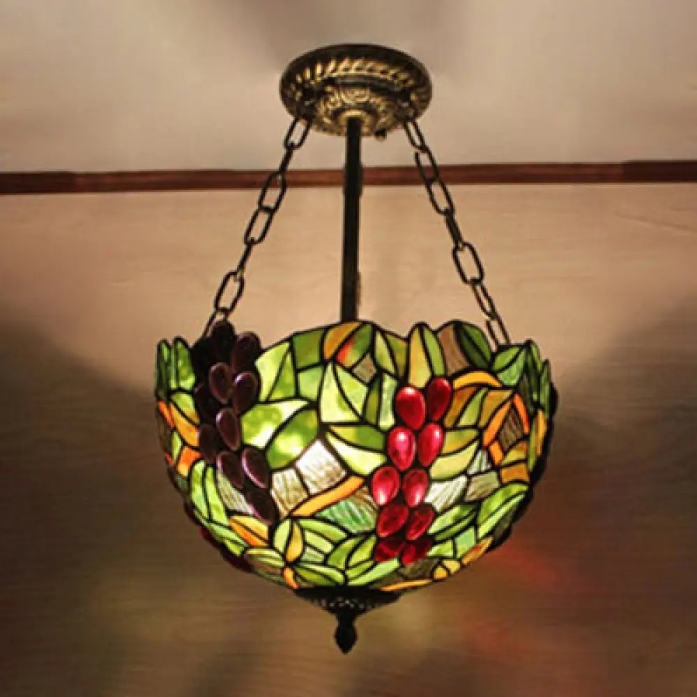Rustic Stained Glass Semi Flush Light In Green - 3-Light Bowl Ceiling Lighting With Fruit Design