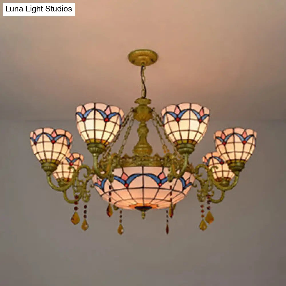 Rustic Stained Glass Tulip Chandelier Light: White 9-Light Bowl Suspension With Crystal For Bedroom