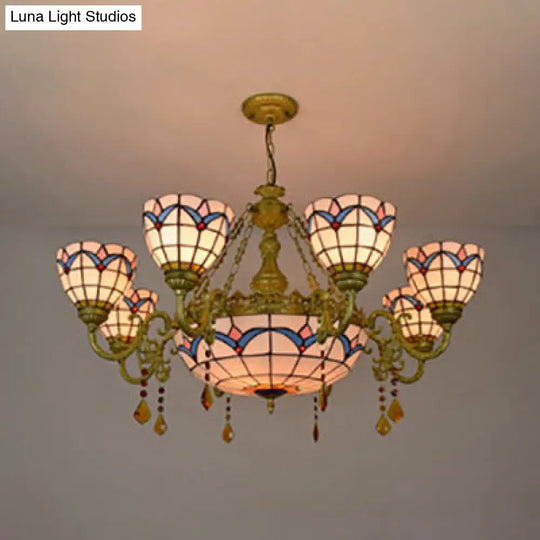 Rustic Stained Glass Tulip Chandelier Light: White 9-Light Bowl Suspension With Crystal For Bedroom