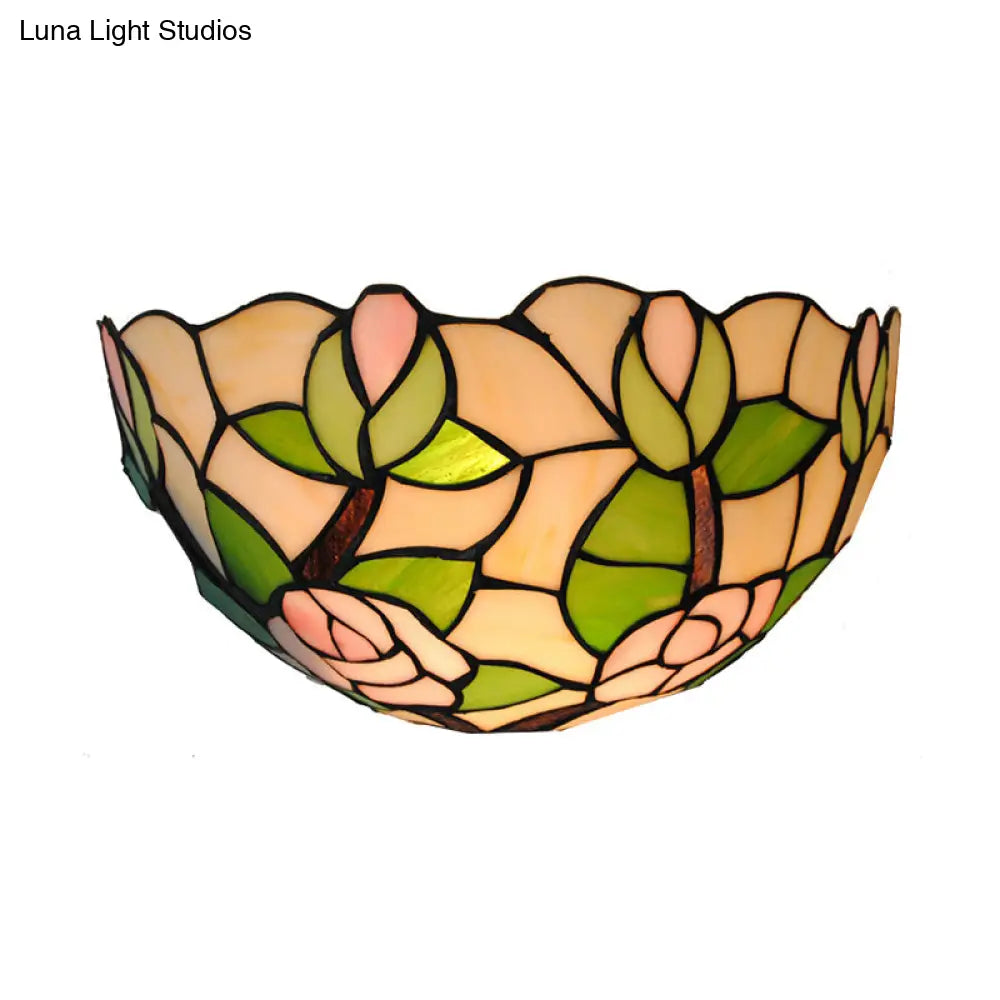 Rustic Stained Glass Wall Lamp - Green Bowl Mount Light With Pink Rose Accent