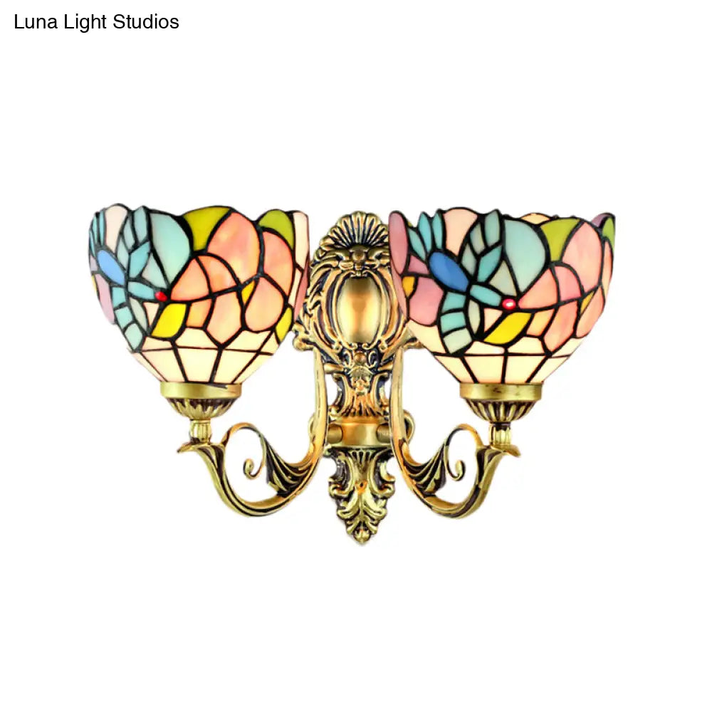 Rustic Stained Glass Wall Lamp With Art Pattern - 2 Head Fixture For Dining Room